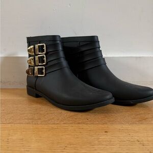 Loeffler Randall Fenton Black Ankle Rain Boots with Gold Buckles
